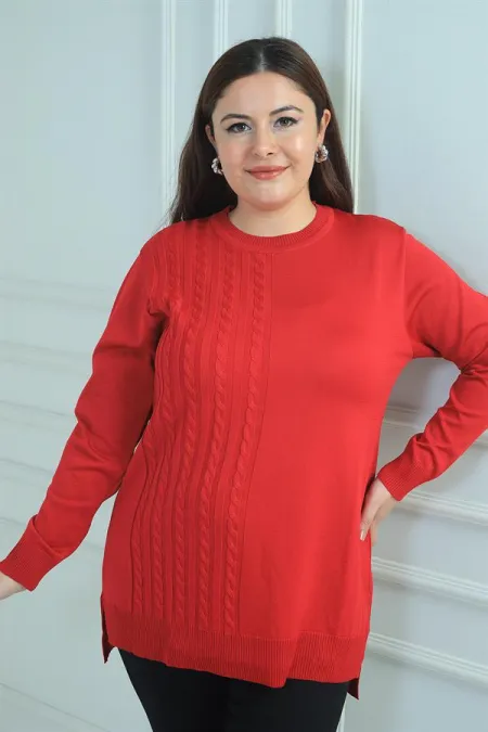 Kadın Tek Taraf Saç Örgülü Büyük Beden Likralı Tunik Bluz