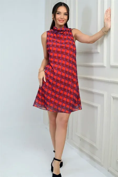 Robe courte en mousseline doublée à motifs et col en V pour femme