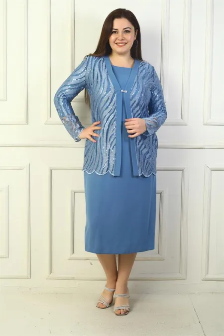 Ensemble deux pièces grande taille : veste en tulle ornée de sequins et de paillettes pour femme, robe en crêpe doublée à manches longues