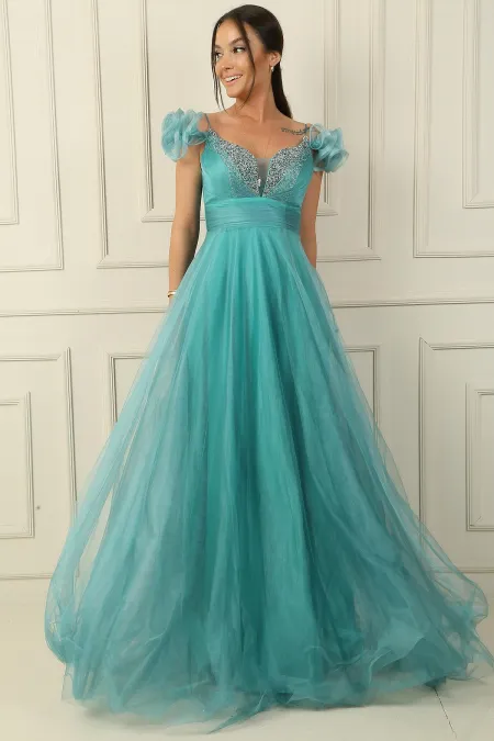 Ön Arka V Yaka İp Askılı Düşük Kollu Önü Taş Detaylı Astarlı Uzun Tül Elbise