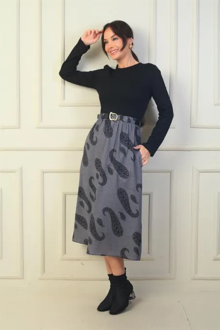 Women's Belted Waist Skirt with Shawl Pattern and Lining
