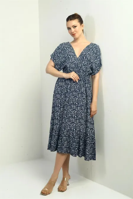 Women's Front and Back V-Neck Batwing Sleeve Mini Floral Pocket Ruffled Dress