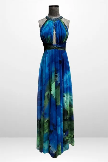 Robe longue en mousseline pour femme, drapée sur le devant, doublée, ornée de perles et de broderies florales.