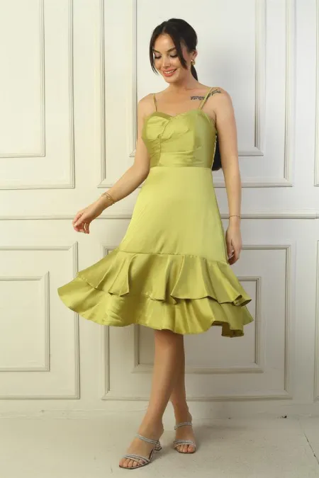 Jupe à bretelles pour femme, doublée et drapée, avec double volant en satin