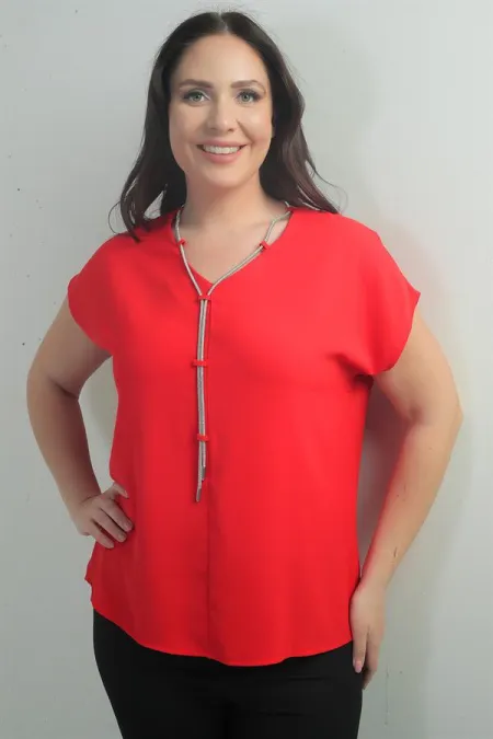 V-Neck Crepe Satin Necklace Plus Size Blouse