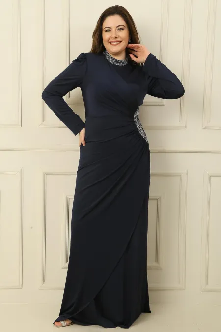 Plus Size Long Hijab Dress with Stone Embellished Collar and Sides, Lined and Gathered