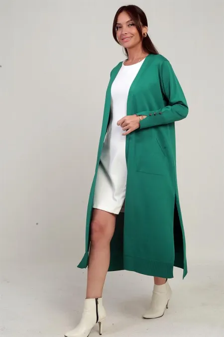 Gilet long pour femme avec manches boutonnées, poches et fentes latérales