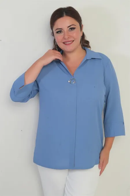 Polo Collar Quarter Sleeve Plus Size Blouse