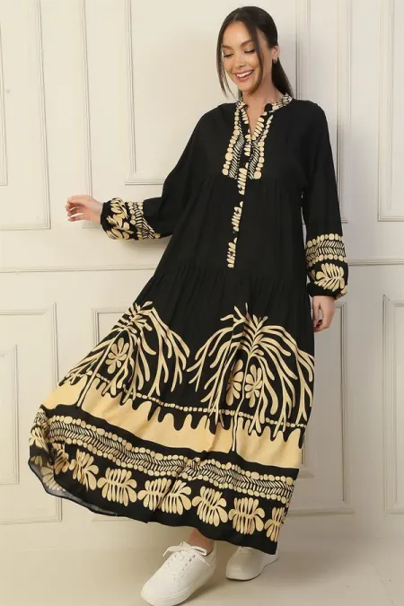 Long, half-buttoned, elasticated sleeve, printed modest dress.