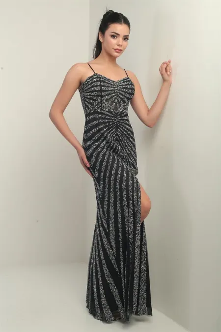 Women's Strappy Flocked Stone Print Lined Tulle Long Dress