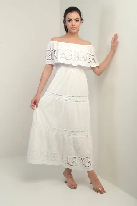 Women's Madonna Neckline Lined Long Dress with Lace Details and Embroidery