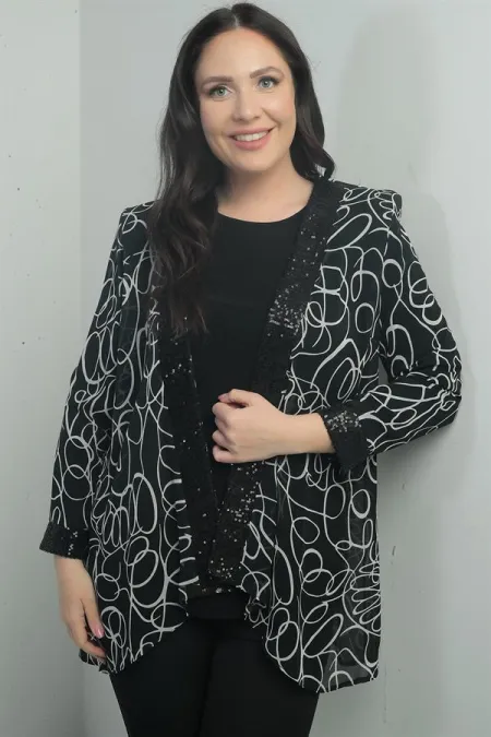 Ensemble deux pièces pour femme : veste en mousseline à motifs abstraits avec détails de sequins sur le devant et les manches, chemisier en lycra à manches longues, grandes tailles.