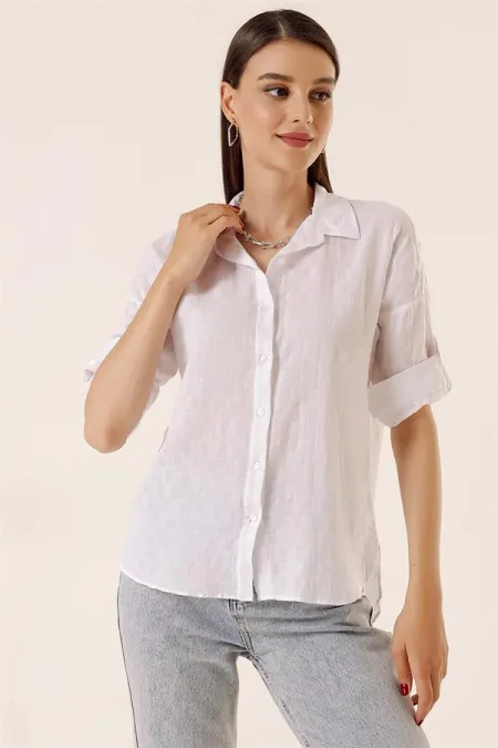 Front Buttoned Polo Collar Shirt with Foldable Sleeves