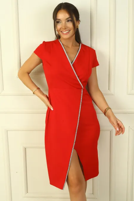 Double-Breasted Half-Moon Sleeve Stone Detailed Front Slit Dress