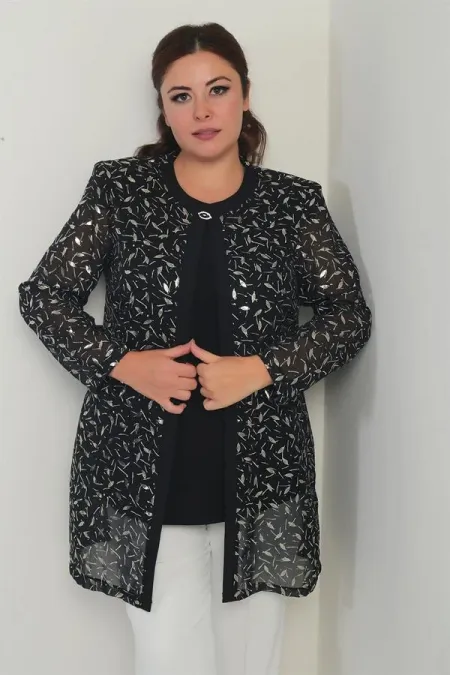 Ensemble 2 pièces pour femme, grande taille : chemisier en lycra à manches longues et veste en mousseline imprimée de feuilles d'or.