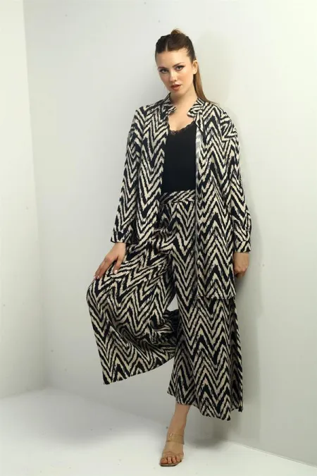 Women's Side Slit Tunic Shirt, Elastic Waist Palazzo Pants, Zigzag Pattern Oversize 2-Piece Set