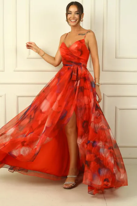 Women's Strappy Back Lace-Up Front Draped Floral Organza Long Dress