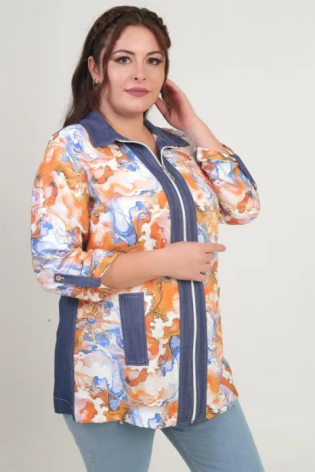 Chemise en jean grande taille pour femme, avec fermeture éclair sur le devant et motif