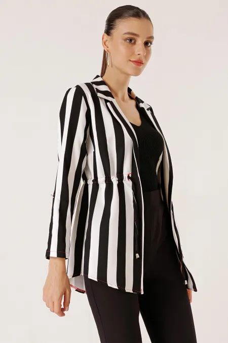 Beli İpli Kol Katlamalı Boyuna Kalın Çizgili Kırmızı İp Detaylı Ceket