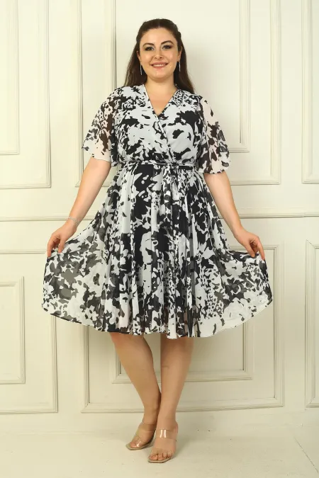 Kadın Kruvaze Yaka Volan Kollu Astarlı Beli Kuşaklı  Büyük Güllü Büyük Beden Şifon Elbise