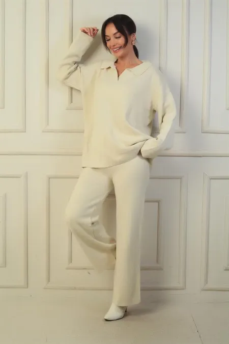 Pull à col polo, pantalon palazzo à taille élastiquée, ensemble 2 pièces en maille