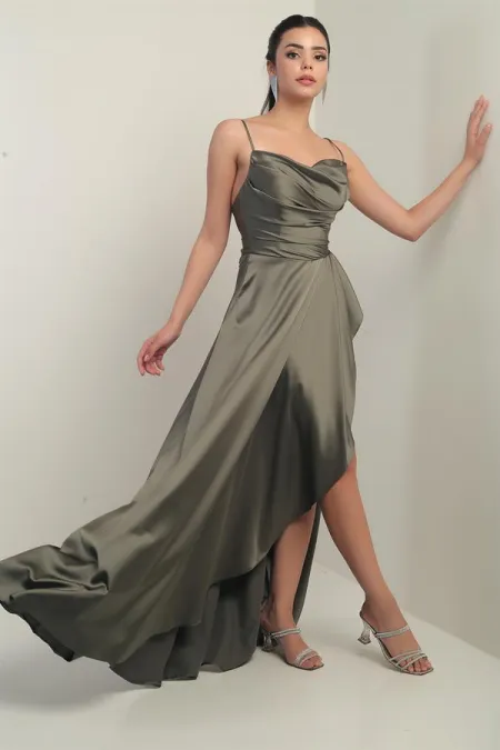 Women's Strappy, Back Lace-Up, Lined, Ruffled Long Satin Dress