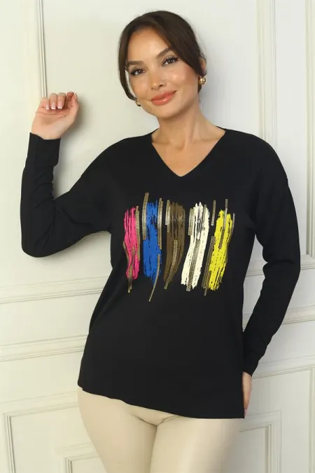 Pull en maille imprimé à col en V pour femme