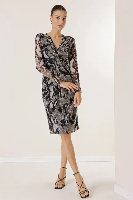 Lined Snakeskin Patterned Tulle Dress with Knot Detail on the Front