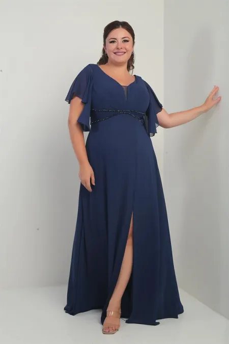 Robe en mousseline grande taille pour femme, décolleté en V devant et dos, manches à volants, ceinture doublée et poches.