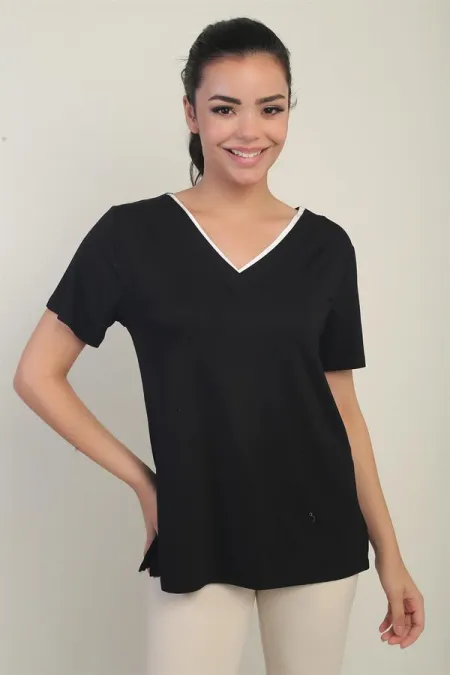 Women's White V-Neck Lycra Blouse with Trim