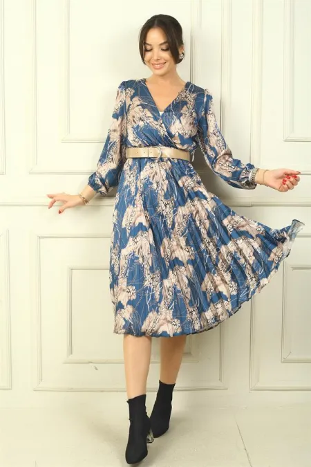 Kruvaze Yaka Astarlı Beli Kemerli Leopar Desen Pileli Saten Elbise