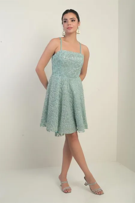 Women's Strappy Lined Short Flared Dress with Glitter Flock Print