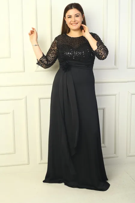 Kadın Çiçekli Altı Saten Üstü Gritel Astarlı Büyük Beden Uzun Elbise