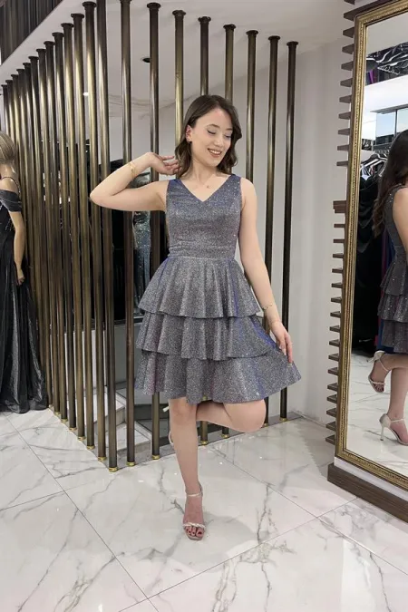 Front Back V Neck Glittery Layered Dress