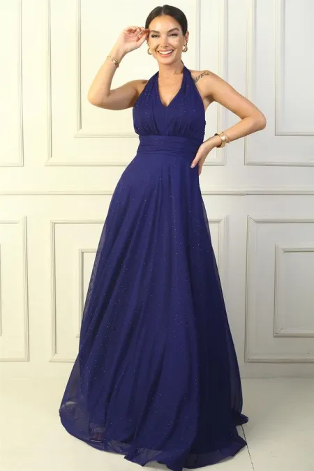 Women's Halter Neck Stone Print Lined Long Tulle Dress