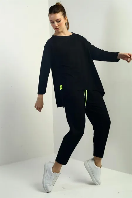 Women's Front Short Back Long Side Slit Sweatshirt Elastic Waist Pocket Pants Two-Piece Set