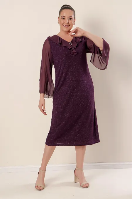 Robe grande taille en mousseline doublée de lycra pailleté avec col et manches