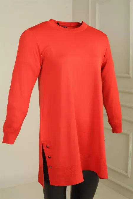 Kadın Yanları Düğme Detaylı Yırtmaçlı Büyük Beden Tunik Kazak