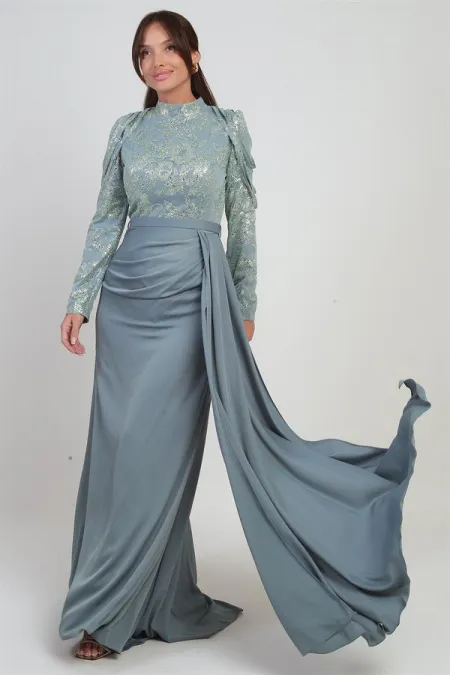 Robe longue en mousseline pour femme, ornée de sequins et de paillettes sur le haut et d'une jupe froncée, doublée.