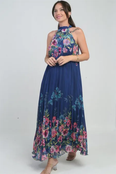 Kadın Çiçek Desenli Astarlı Plisoley Şifon Uzun Elbise