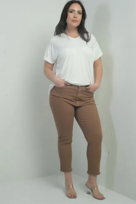 Pantalon skinny en toile lycra à rayures et détails pierre pour femme, grande taille