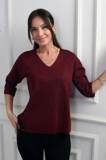 Chemisier à paillettes à col en V et manches courtes pour femme, orné de motifs en losanges