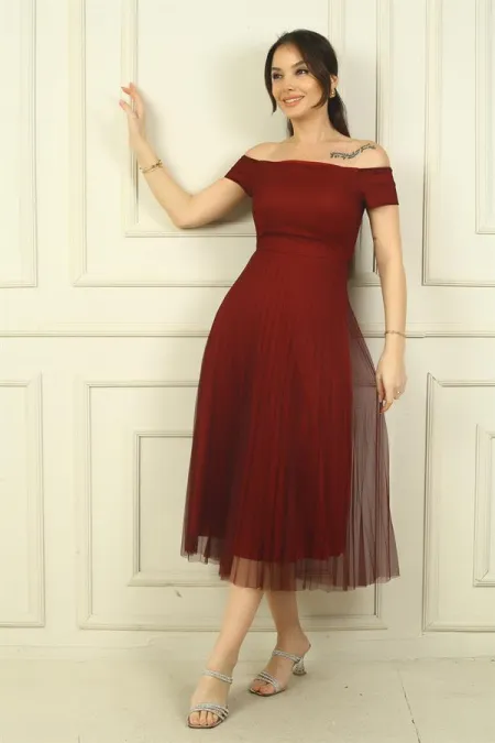 Madonna Yaka Astarlı Eteği Şifon Pilisoley Elbise