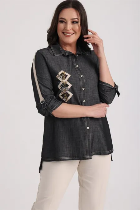 Women's Plus Size Lyocell Shirt with Embroidered Appliqué Front and D-Buckle