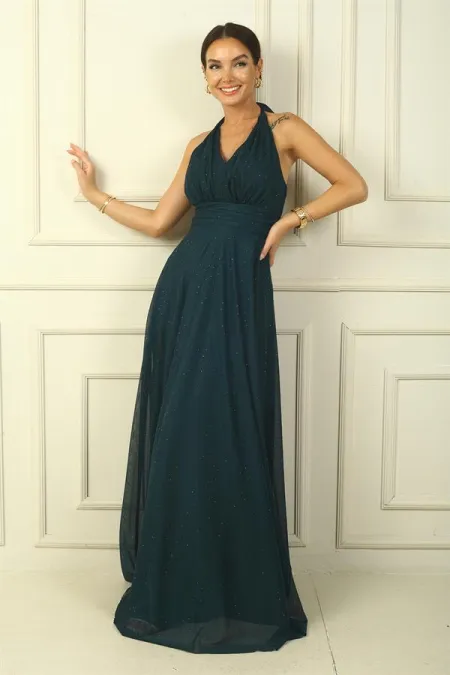 Women's Halter Neck Stone Print Lined Long Tulle Dress