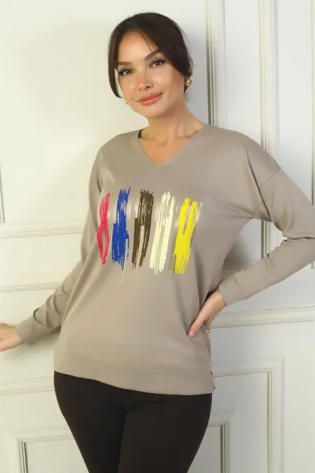 Kadın V Yaka Önü Baskılı Triko Kazak