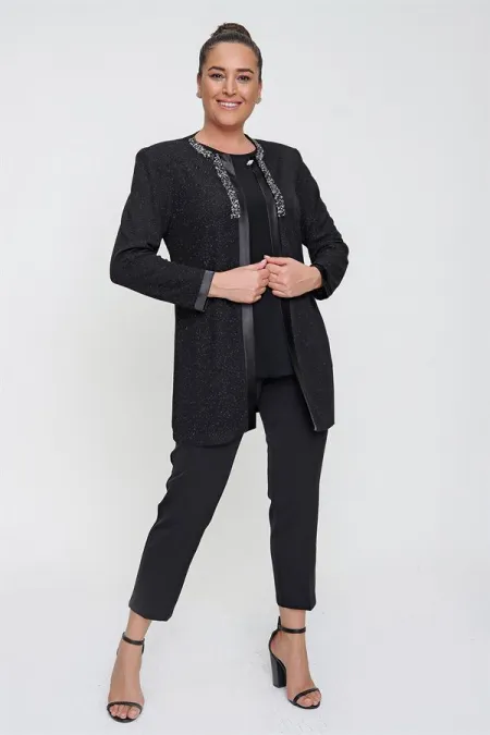 Ensemble veste et chemisier pailletés à col en pierre grande taille