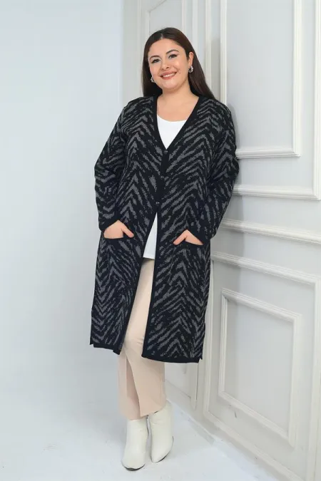 Gilet long tricoté grande taille à motif zèbre pour femme, avec poches