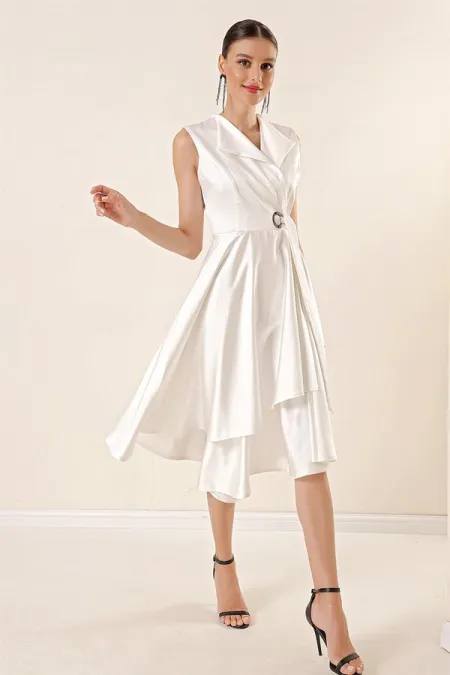 Kruvaze Yaka Bağcıklı Saten Elbise