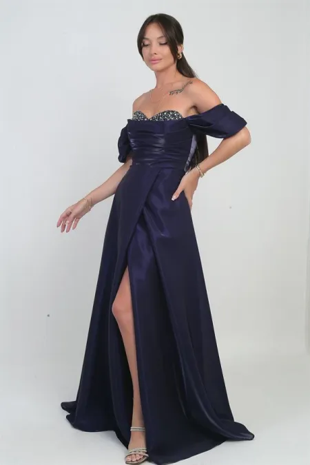 Women's Strapless Low-Sleeve Organza Long Dress with Sparkling Stone Details